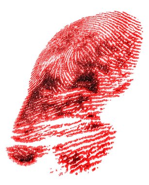 Red fingerprint. Bloody fingerprint isolated on a white background, macro. Imprint of index finger.