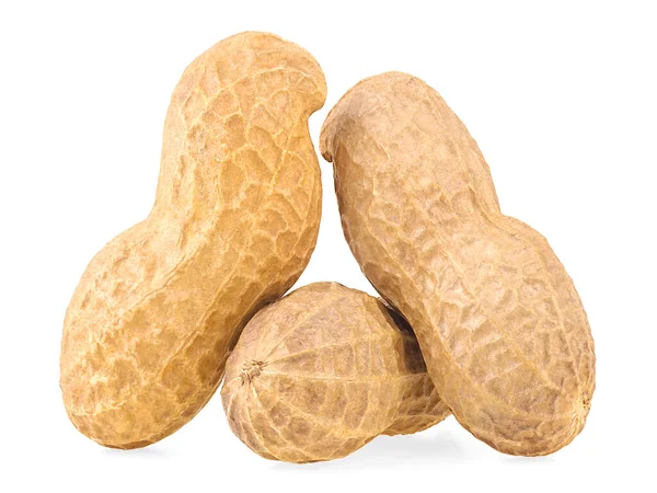 Three Unpeeled Peanuts Isolated White Background Peanut Shell Macro — Stock Photo, Image