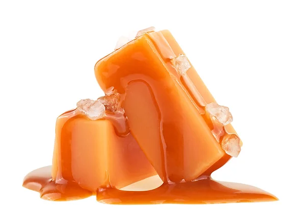 Delicious Candies Caramel Sauce Sea Salt Isolated White Background — Stock Photo, Image