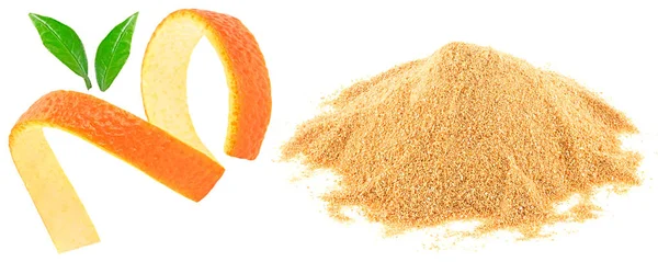 Pile Poudre Écorce Orange Séchée Peau Orange Fraîche Isolée Sur — Photo
