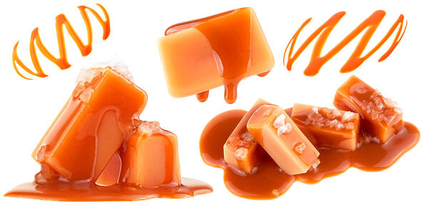 Вкусные сладости - карамель из ирисок и жидкий карамельный соус, выделенный на белом фоне. Коллекция.