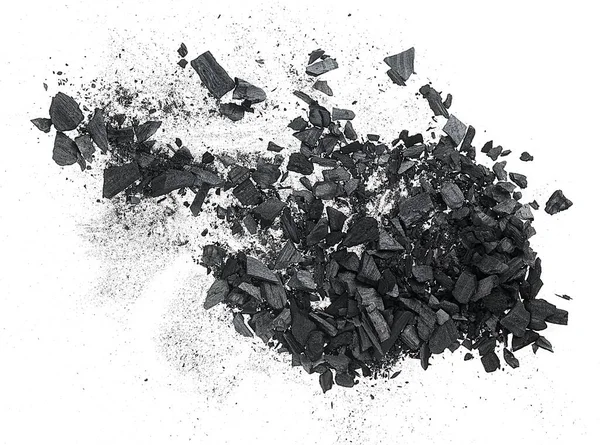 Ξύλινο Κάρβουνο Κομμάτια Άνθρακα Διασκορπισμένα Απομονωμένα Λευκό Φόντο Πάνω Όψη — Φωτογραφία Αρχείου