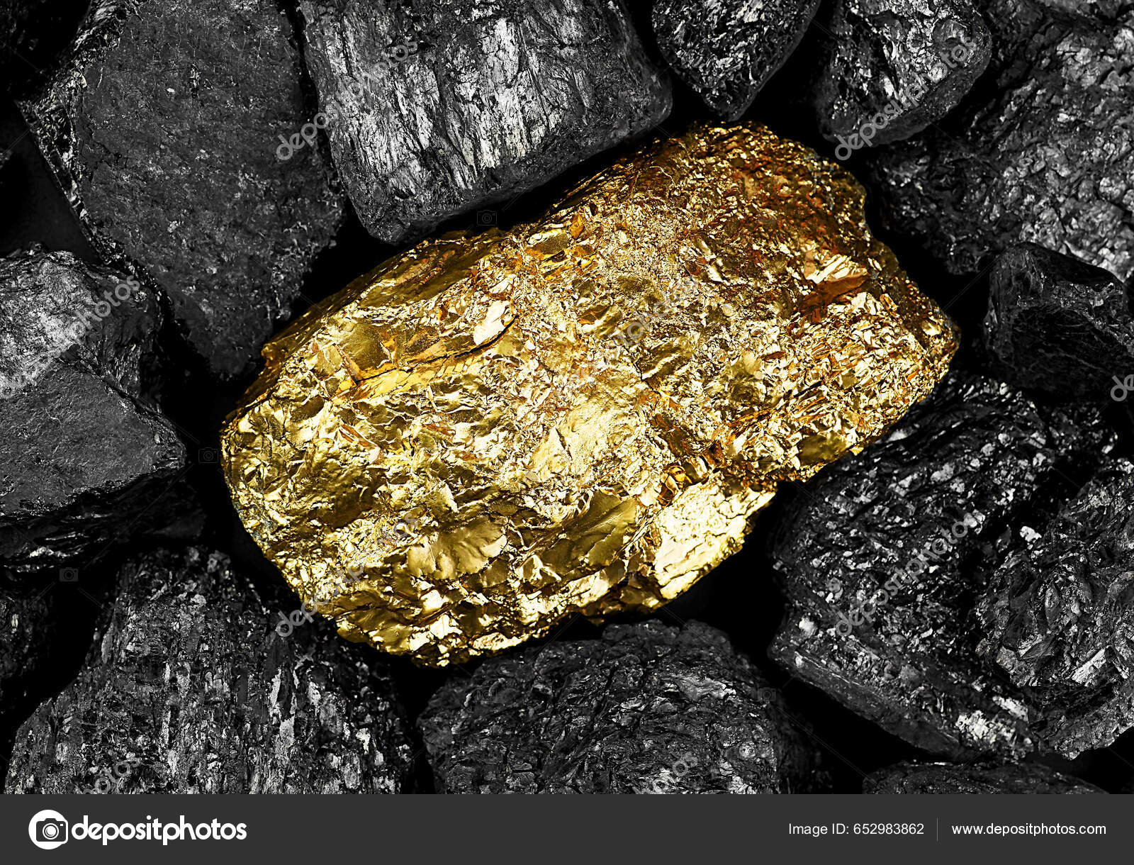 Big Shiny Golden Nugget Black Coals Top View Gold Mine — Stock
