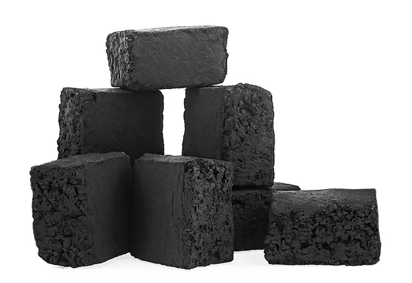 Кокосове Кальянне Вугілля Ізольоване Білому Тлі Група Вугільних Кубиків — стокове фото