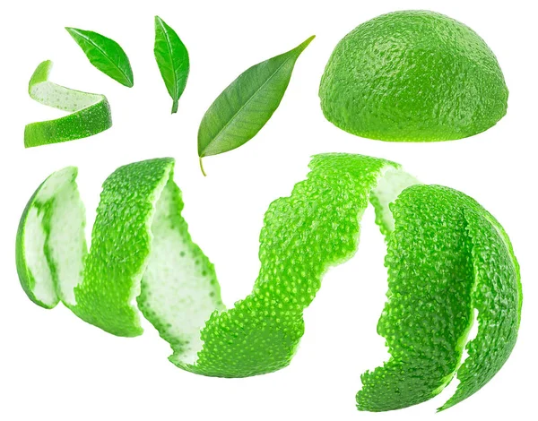 Limettenschale Mit Grünen Blättern Isoliert Auf Weißem Hintergrund Draufsicht Flaches — Stockfoto