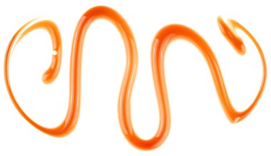 Beyaz arka planda izole edilmiş sıvı karamel sosu, üst manzara. Akçaağaç şurubu. 