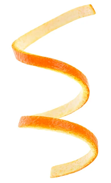 白い背景に隔離されたオレンジ色の肌のスパイラル状 トップビュー オレンジの皮 シトロン — ストック写真
