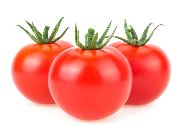 Drie Rijpe Rode Tomaten Geïsoleerd Een Witte Achtergrond Kerstomaten — Stockfoto