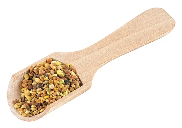 Organic Honey Bee Pollen Wooden Spoon Isolated White Background — Stock Photo, Image