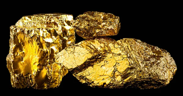 Дві Дорогоцінні Золоті Самородки Чорному Тлі Шматочки Золотої Руди — стокове фото
