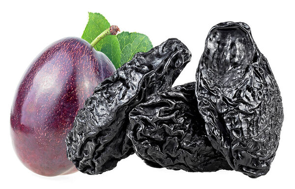 Fresh plum and prunes with green leaves isolated on a white background. Healthy food.