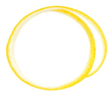 Beyaz arka planda izole edilmiş limon kabuğunun üst görüntüsü. Taze limon dilimi.