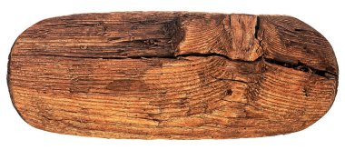 Beyaz arka planda izole edilmiş eski tahta tabela. Yaşlı oval ahşap tahta.