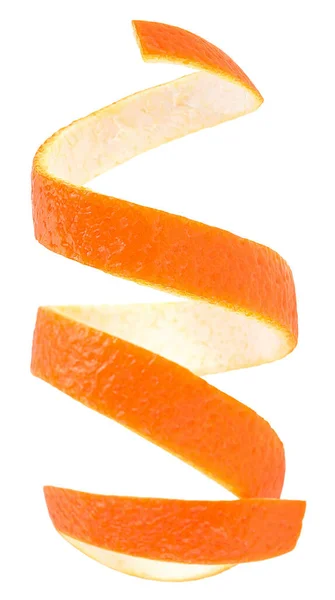 Spiralform Frischer Orangenschalen Isoliert Auf Weißem Hintergrund Draufsicht Orangenschale — Stockfoto