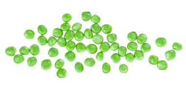 Beyaz arka planda taze taze bezelyeler, üst manzara. Bir grup taze bezelye.