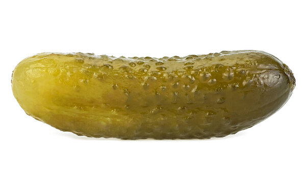 Marinated pickled cucumber isolated on a white background. Tasty crunchy pickles.