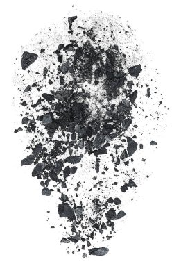 Beyaz arka planda parçalanmış kömür tozu, üst manzara. Kara toz tozu.