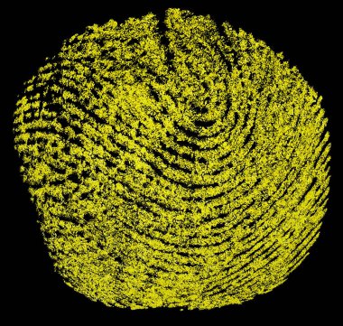 Siyah arka planda sarı parmak izi. Daktilografi.