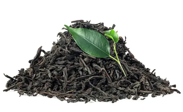 Stos Suchych Liści Czarnej Herbaty Świeżymi Liśćmi Herbaty Izolowane Białym — Zdjęcie stockowe