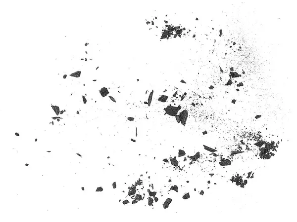 白い背景 上のビューで隔離された断片が付いている黒い石炭の塵 ブラック炭素粒子 ストックフォト