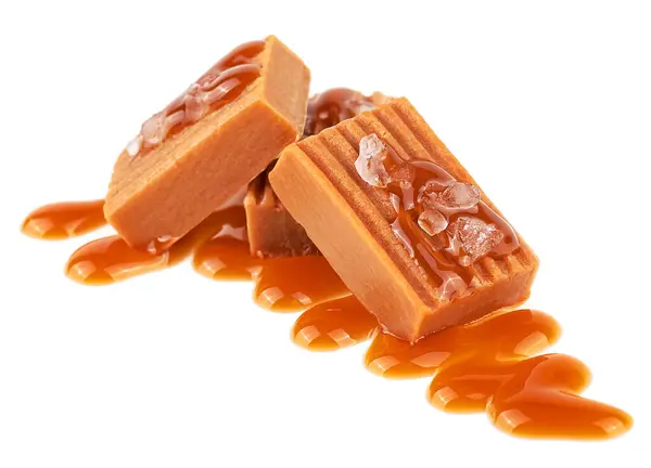 Salted Caramel Pieces Caramel Sauce Isolated White Background Toffee Candies Stock Image