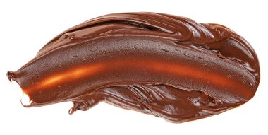 Fındık kremi beyaz arka planda izole edilmiş. Kremalı çikolata yayılıyor..