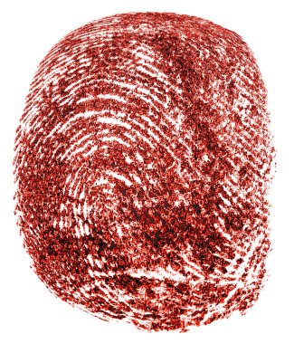 Kanlı parmak izleri beyaz arka planda izole edilmiş, üst manzara. Kırmızı parmak izi, makro..