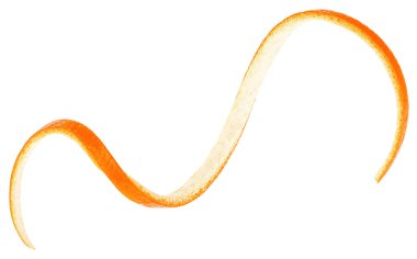 Beyaz arka planda tek turuncu spiral bir tat var. Turuncu meyve kabuğu.