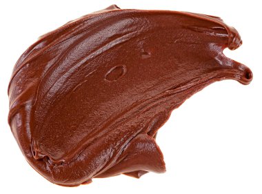 Fındık kremi beyaz arka planda izole edilmiş, üst manzara. Kremalı çikolata yayılıyor..