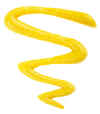 Beyaz arka planda izole edilmiş hardal sosu, yukarıdan görünüyor. Hardal salatası sosu..