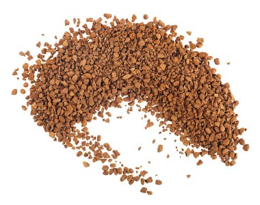 Anında kahve, beyaz arka planda izole edilmiş granül yığını, üst manzara. Dondurulmuş kahve..