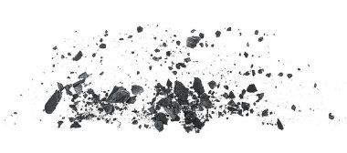 Beyaz arka planda siyah kömür tozu, üst manzara. Kömür parçacıkları.