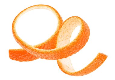 Beyaz arka planda izole edilmiş kıvrılmış olgun portakal meyvesi kabuğu. Turuncu cilt.