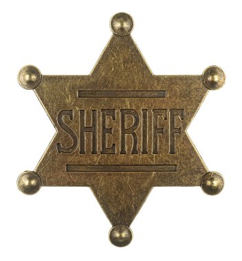 Beyaz arka planda izole edilmiş klasik şerif rozeti. Altı nokta şerif rozeti. Vahşi batı döneminin eski şerif yıldızı..