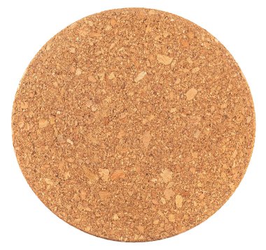 Beyaz arka planda izole edilmiş yuvarlak mantar altlığı, üst manzara. Mantar sıcaklığın altında duruyor..