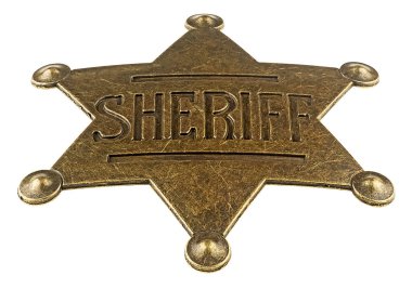 Beyaz arka planda izole edilmiş klasik şerif rozeti. Altı nokta şerif rozeti. Vahşi batı döneminin eski şerif yıldızı..