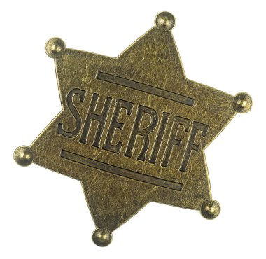 Beyaz arka planda izole edilmiş altıncı sınıf şerif rozeti. Şerifin Vahşi Batı rozeti.