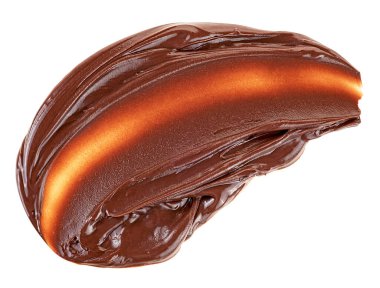 Beyaz arka planda izole edilmiş lezzetli çikolata ezmesi kokusu. Fındık kreması..