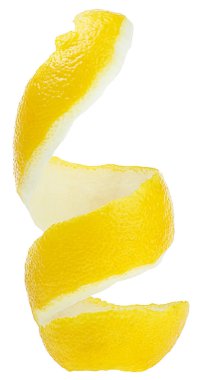 Beyaz arka planda izole edilmiş limon kabuğu sarmalı. Taze limon dilimi. Citron.