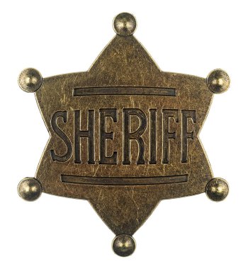 Metal şerif rozeti beyaz arka planda izole edilmiş. Altıncı sınıf şerif rozeti..