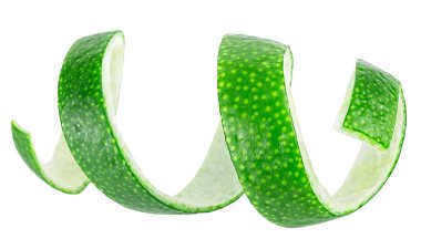Kıvrık kireç kabuğu beyaz arka planda izole edilmiş. Limon kabuğu dilimi. Taze limon dilimi.