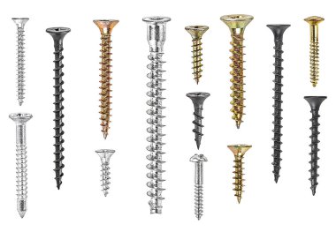 Beyaz arka planda izole edilmiş çeşitli vidalar. Kendi kendine dokunan vidalar, siyah, beyaz, altın rengi, galvanize vida ve çinko alüminyum kaplama.