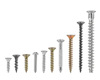 Beyaz arka planda izole edilmiş çeşitli vidalar. Kendi kendine dokunan vidalar, siyah, beyaz, altın rengi, galvanize vida ve çinko alüminyum kaplama.