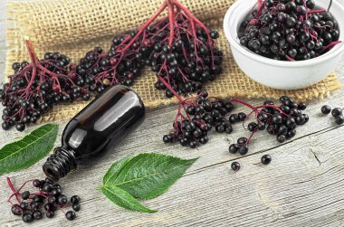 Cam kavanozda nefis ev yapımı siyah mürver şurubu ve ahşap masa üzerinde yeşil yapraklı siyah mürver demetleri. Sambucus.