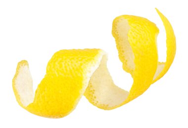 Beyaz arka planda izole edilmiş taze limon meyvesi tadı. Spiral limon kabuğu.