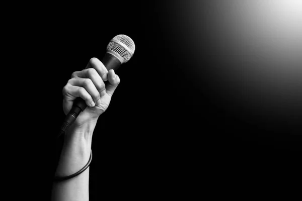 Şarkıcının Elindeki Mikrofonu Kapatırken Canlı Konserde Elini Kaldırdı Şarkı Konsepti — Stok fotoğraf