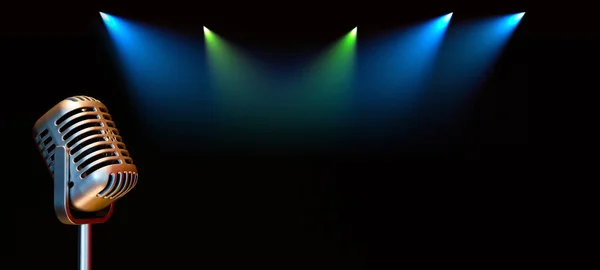 Siyah Arka Planda Renkli Spot Işıkları Olan Retro Mikrofon Şarkı — Stok fotoğraf