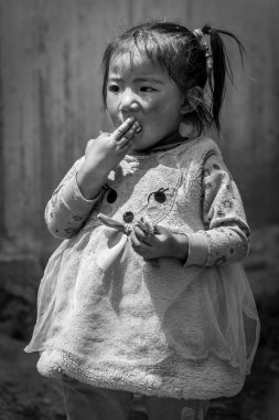 TIBET, ÇİN - 23 AĞUSTOS 2018: Tashi Dzom köyündeki tanımlanamayan küçük Tibetli çocuk Everest Ana Kampı, Tibet, Çin