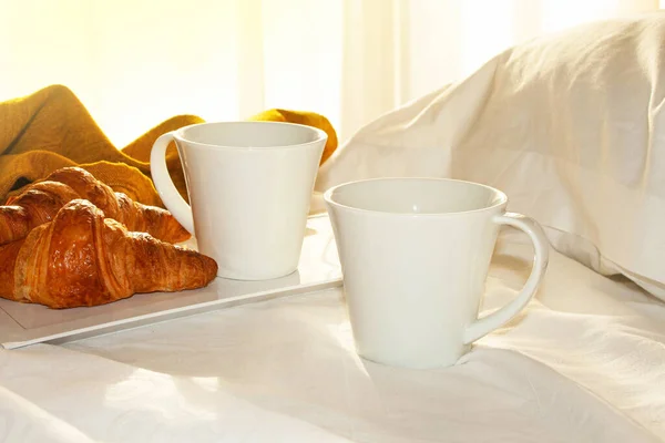 Morning Coffee Croissants White Bed Romantic Breakfast — Stock Photo, Image