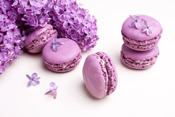 Tasty Macarons Sprigs Lilac White Table Homemade Desserts — Stock Photo, Image